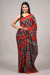 Black & Maroon Ajrakh Inspired Cotton Saree with Blouse